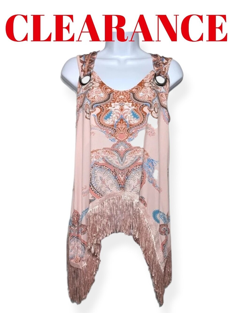 Venus Paisley Fringe Hem Sleeveless Blouse Blush Pink Boho Festival Sleeveless